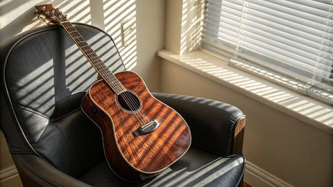 Cole Clark Fat Lady 1 FL1 guitar resting on a black chair in sunlit room with blinds partially closed.