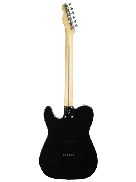 Black electric guitar with a maple neck on a white background.