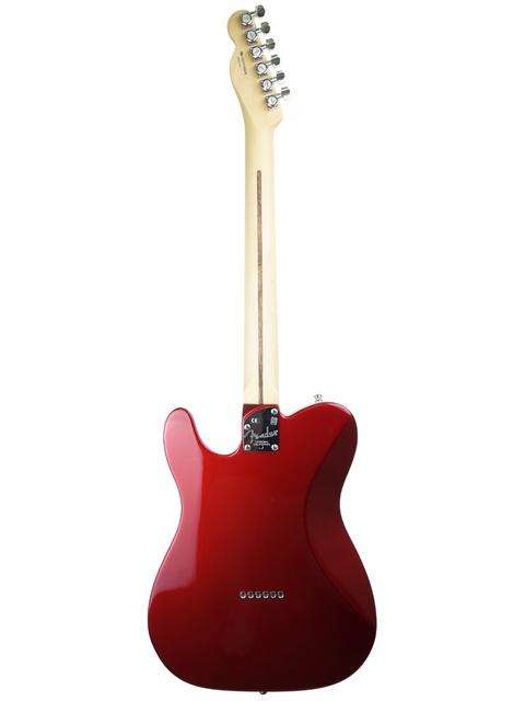 Red electric guitar with a white background.